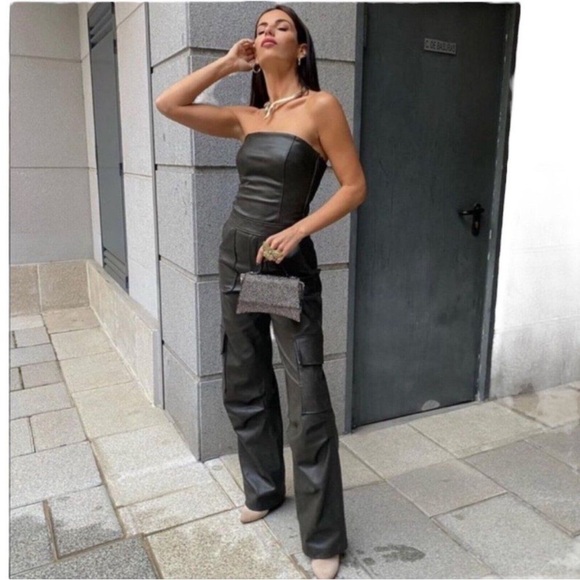 Zara Pants - Zara Faux Leather Strapless Cargo Wide Leg Jumpsuit Brown Overalls Romper Small